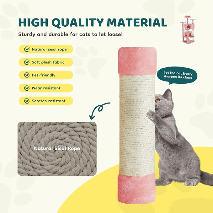 Sweetcrispy 54-inch Cat Tree Tower with Scratching Posts, Indoor Use | Multi Level Indoor Cat Tree Condo with Climbing Ladder, Plush Toy, Play House for Kitten, Pink - Image 3