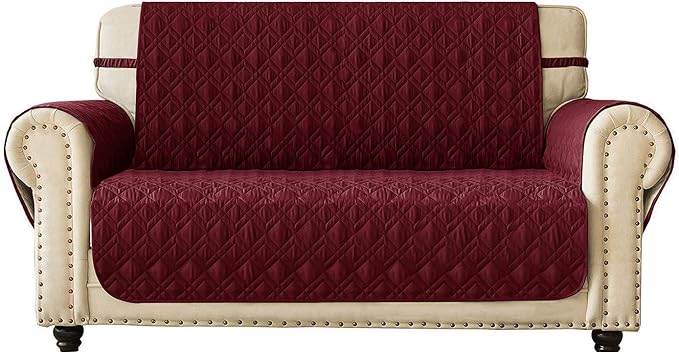 Ameritex Loveseat Cover Water-Resistant Quilted Furniture Protector with Back Nonslip Paws Slipcover for Dogs, Kids, Pets Loveseat Slipcover Stay in Place for Leather (46", Burgundy) by Ameritex