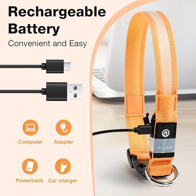 PcEoTllar Light up Dog Collar, for Night Walking, Adjustable, Orange, S | Colorful RGB Light, Waterproof, For Small Medium and Large Dogs, Durable Material, USB to Charge - Image 3