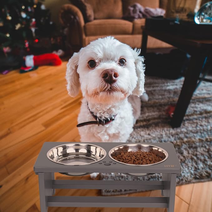 HTB Elevated Dog Bowl Stand with 2 Stainless Steel Bowls-7" H Medium Grey | Raised Dog Bowl Stand, 7"tall, 29 Oz Bowls, for Medium Sized Dogs, Pet-safe, Solid Bamboo - Image 8