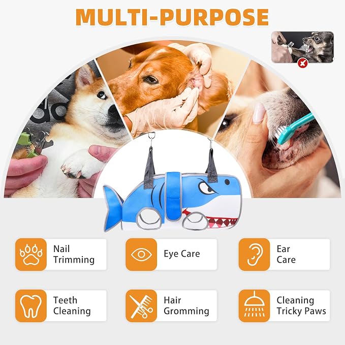 Dog Grooming Hammock for Small Dogs Cats, Cute Shark Design Dog Hanging Harness for Nail Trimming/Clipping, Pet Sling with Grooming Kit and Thick Neck Support & Strap Restraint Claw Care, S - Image 2