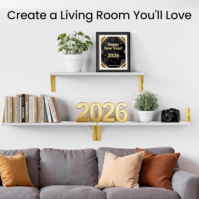 BAYKA Wall Shelves for Bedroom Decor, Floating Shelves for Living Room Kitchen Storage, Wall Mounted Rustic Wood Shelves for Kids Books,Corner Shelves for Bathroom(White and Gold，23in，Set of 3) - Image 3