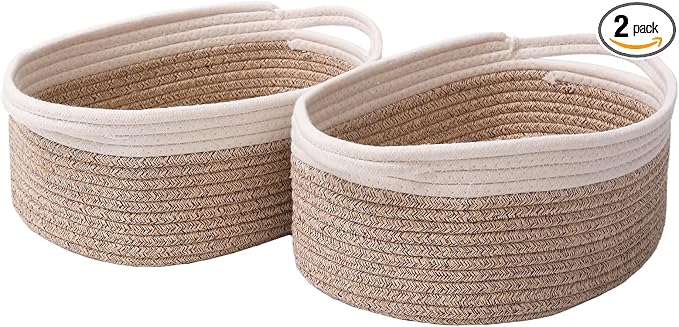 JMvicyroam Small Woven Basket, Empty Gift Basket, White&Oatmeal/2 Pack | Small Gift Basket, Cotton Rope, 12 x 8 x 73 in, Handles, Includes Ribbon and Bag, Birthday Gift Basket by JMvicyroam