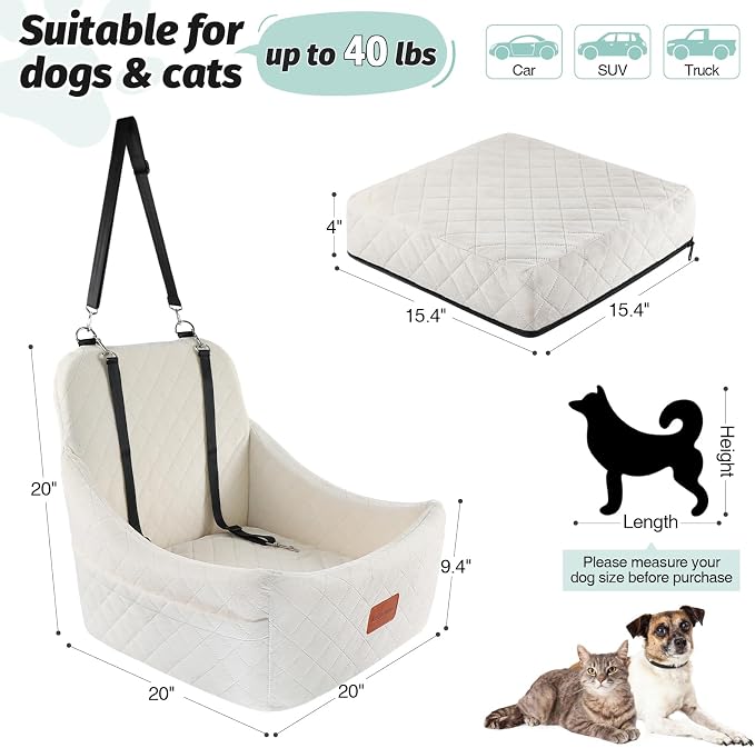 Lealchum Dog car seat for Medium Dogs,Easy to Install with Adjustable Straps,Anti Slip Bottom pet car Bed,Fully Detachable and Washable pet Travel Bed (Beige, Medium) - Image 2