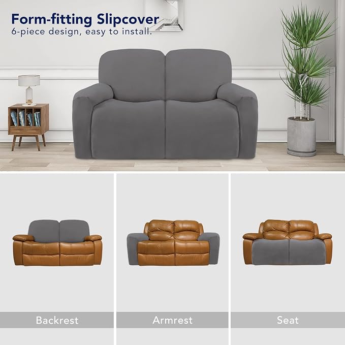 PureFit Super Stretch Loveseat Recliner Sofa Couch Cover with Pocket | 2 Seats Non Slip Soft Sofa Slipcover, Washable Reclining Furniture Protector for Pets (Recliner Loveseat, Light Gray) - Image 4