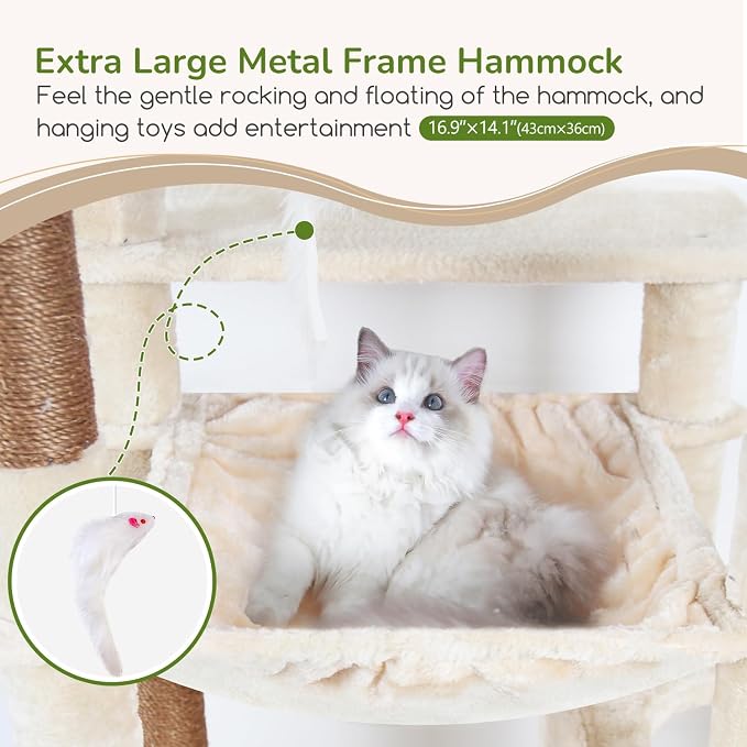 Globlazer Heavy Duty Cat Tree Tower, 70inch Sturdy Cat Tree for Indoor Cats Sturdy Large Cat Tower with Scratching Post and Scratching Board, Hammock, Cat Condo for Adult Cats Kittens, F70 Pro, Beige - Image 4