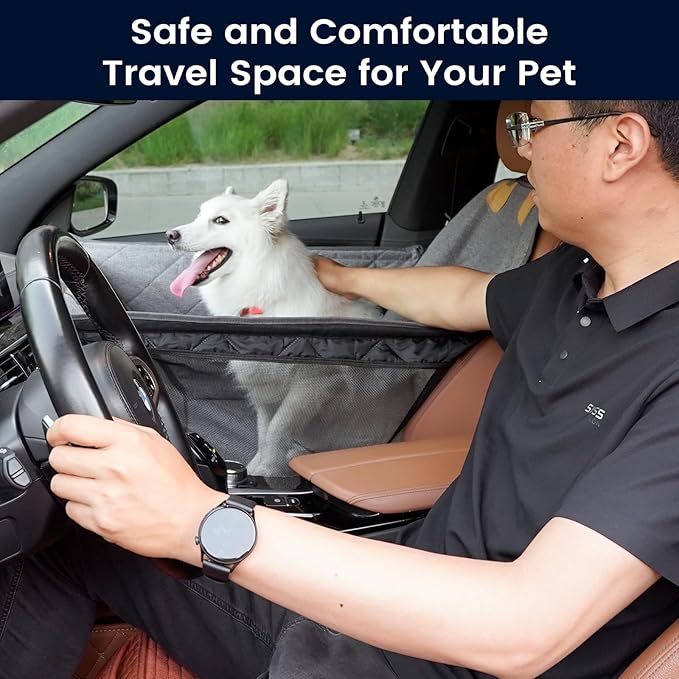 Front Seat Dog Car Seat for Small/Medium Dogs with Door Protection – Full Coverage Waterproof Pet Booster Seat with Mesh Window, Zippered Side Flaps, Safety Buckle, Grey Linen Fabric - Image 3