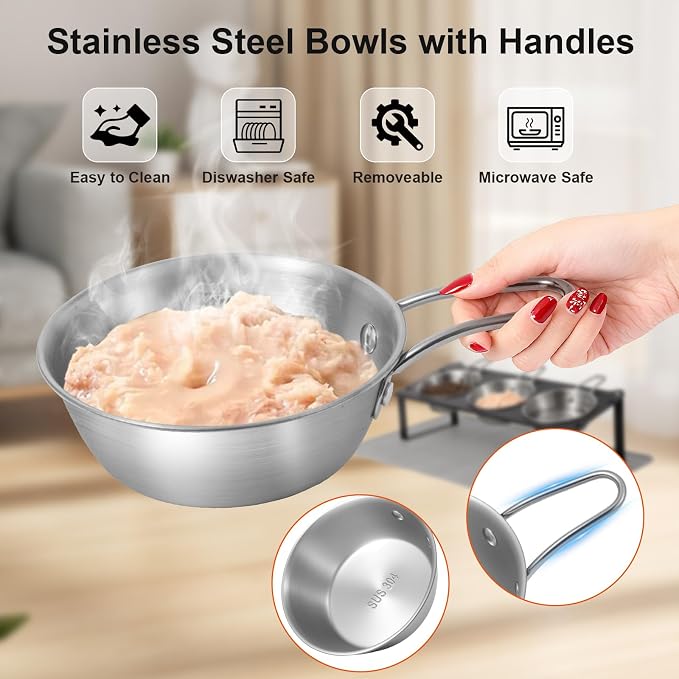 Elevated Cat Bowls with Food Mat, 10°Tilted Non-Slip Raised Cat Food Water Bowls Set, 3 Thick Stainless Steel Pets Dishes with Handles to Indoor Kitten Puppy, Anti-Vomiting Cute Metal Feeding Stand - Image 4