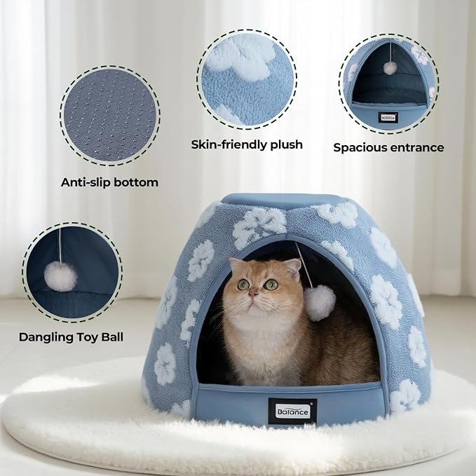 BALANCE Cat Beds for Indoor Cats, 2-in-1 Cat Bed Cave with Anti-Slip Bottom and Ultra-Soft Plush, Cozy Cats House Tent for Kittens and Small Dogs, 21 Inches, Blue - Image 4