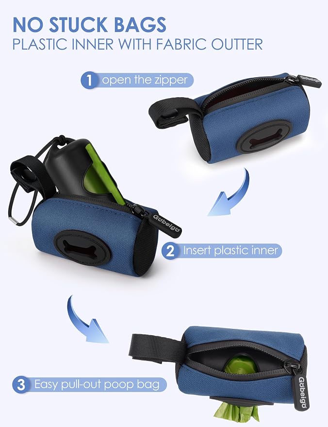 Gobeigo 2-in-1 Dog Poop Bag Holder【Easy Pull-Out Version】(Navy Blue) | Hard Plastic Insert & Soft Fabric Bag Snap-On Strap Dispenser Fits Retractable and Standard Leashes with 1 Roll Bags - Image 2