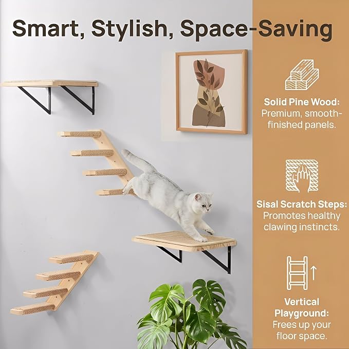 Cat Wall Shelves Stairs Cat Wall Furniture Mounted, 2PCS Shelves & 2PCS 4 Steps Climbing Shelf Scratching Perches for Sleeping, Playing, Climbing - Image 2