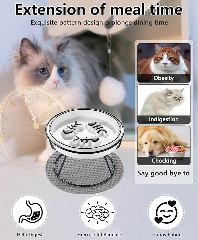 Ceramic Elevated Cat Bowls Set, Anti Vomit, Removable Dishes, Black 2-Pack | Removable Ceramic Bowls Elevated Anti Vomit Food & Water Feeding Black 2-Pack - Image 3