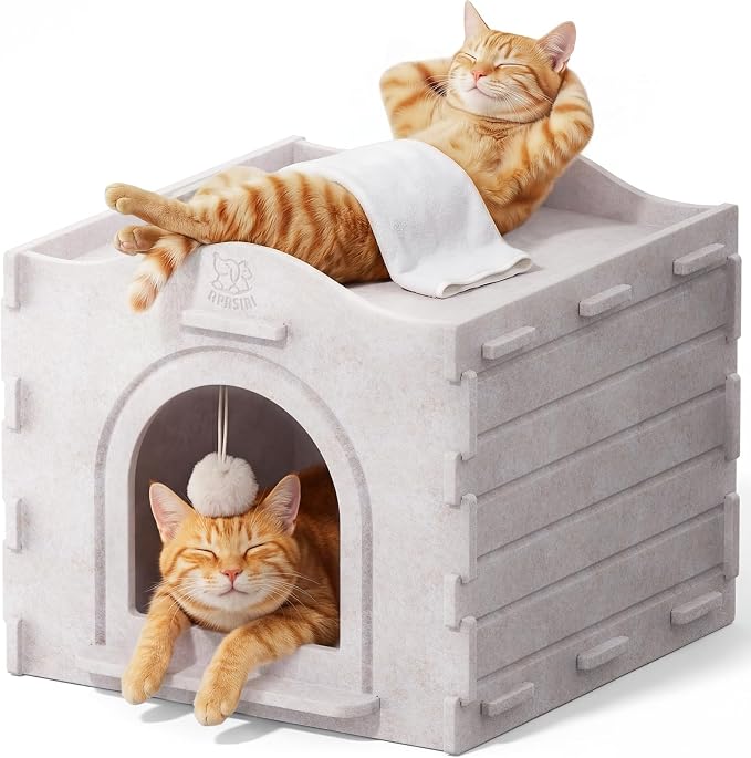 Cat Bed Cave for Indoor Cats: New Felt Cat Bed with Fluffy Ball Hanging, Foldable Cat House with Scratch-Resistant Board, Hideaway Cat Cave for Timid Cats, Sturdy Two-Tier Cat Condo - Gray by Apasiri