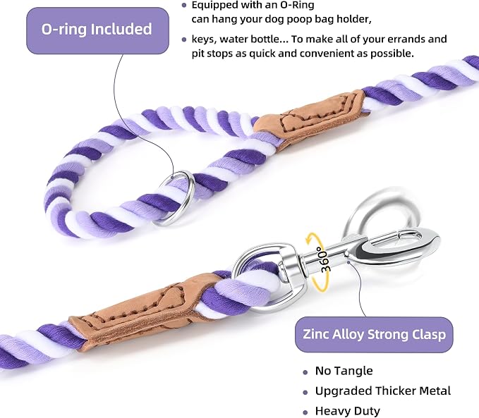 Mile High Life Rainbow Dog Leash Braided Cotton Rope w Leather-Wrapped Ends | Rust-proof 360° swivel clasp, Heavy-duty for medium/large breeds. Great for weddings, daily walks (4FT, 1/2", Purple) - Image 4