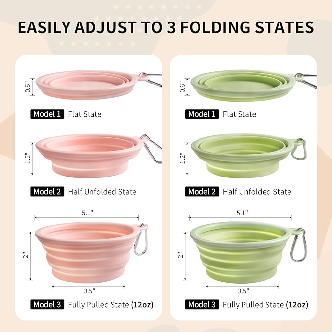 Collapsible Dog Bowls 2-Pack, Portable Travel Dog Bowl with Carabiner, Food-Grade Silicone Pet Bowl for Hiking, Walking (Macaron Pink and Green) - Image 6