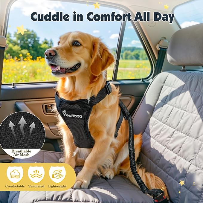 Pawaboo Dog Seat Belt Harness for Car, Seatbelt Harness with 2 in 1 Buckle | Adjustable Breathable Harness for Car, Elastic Reflective Heavy Duty Dog Tether, for Small Medium Large Pets, L, Black - Image 6