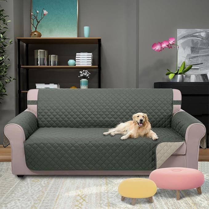 U-NICE HOME 4 Seater Sofa Cover 91''Large Couch Cover, Grey/Beige | Washable, Pet Friendly, Elastic Straps, Water Repellent, Furniture Protector Mat for 4 Cushion Couch - Image 2