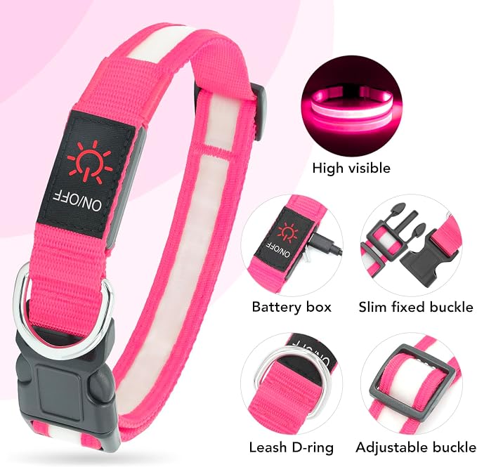 VIZPET LED Dog Collar, Light up Dog Collar Adjustable Safety Glowing Collar | USB Rechargeable Super Bright Light Collars for Dogs(Medium, Pink) - Image 4