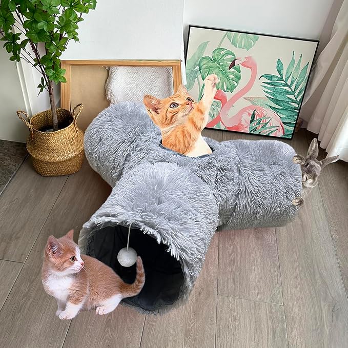 3-Way Collapsible Cat Tunnel Tube Toy Grey Plush | Interactive Play Tunnel with Hanging Ball & Peek Hole for Indoor Cats, Kittens, Puppies & Rabbits | Hours of Fun & Exercise - Image 4