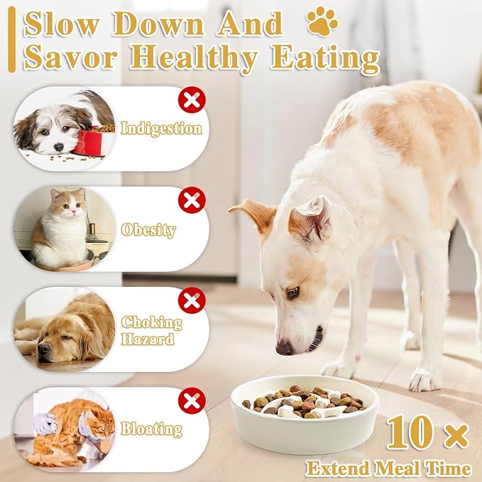 Ceramic Slow Feeder Dog Bowls,1.5 Cups Dog Food Dish for Medium&Large Breed | Puzzle Dog Food Bowl for Fast Eater, 28OZ, 8.15 inch(Beige) - Image 5