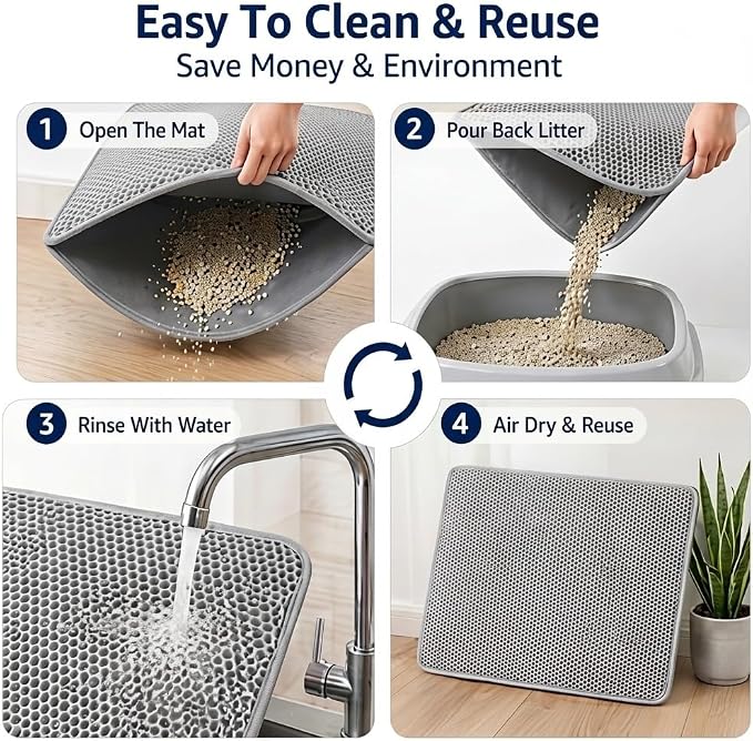 Cat Litter Mat, Honeycomb Litter Trapping Mat, 23.6"x17.7" Grey | Double Layer, Urine-Proof, Non-Slip, Durable, Easy to Clean, Paw-Friendly, Safe & Odorless, Fits Litter Boxes - Image 8