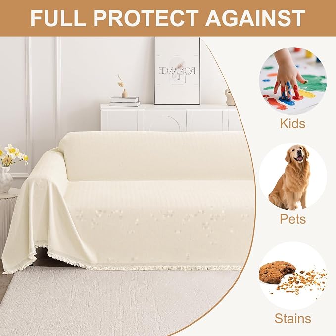 Smiry Couch Cover for Dogs, Chenille Sofa Covers for 3 Cushion Couch | Washable Soft Sofa Slipcover for Pets, Thick Sectional Furniture Protector with Tassels (Beige, 71x134 Inch) - Image 3