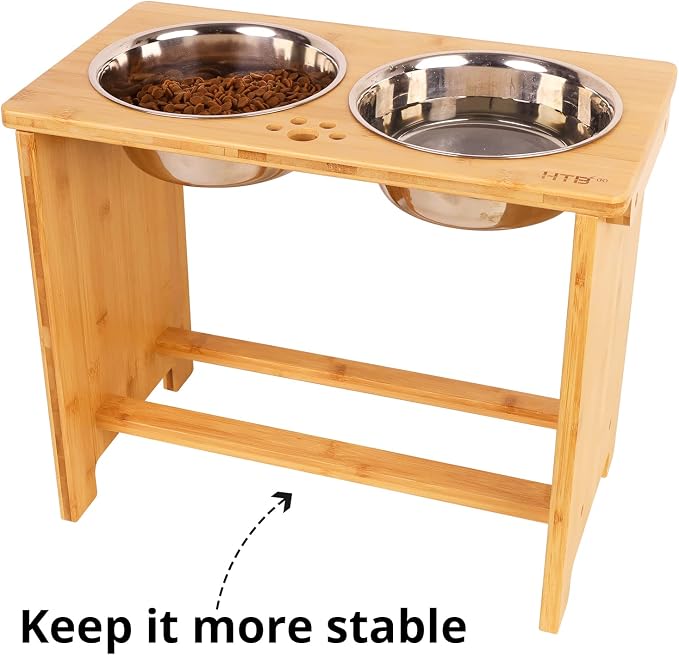 HTB Elevated Dog Bowl Stand with 2 Stainless Steel Bowls-14 H XLarge Bamboo | Raised Dog Bowl Stand, 14"tall, 48 Oz Bowls, for Large Sized Dogs, Pet-safe, Solid Bamboo - Image 4