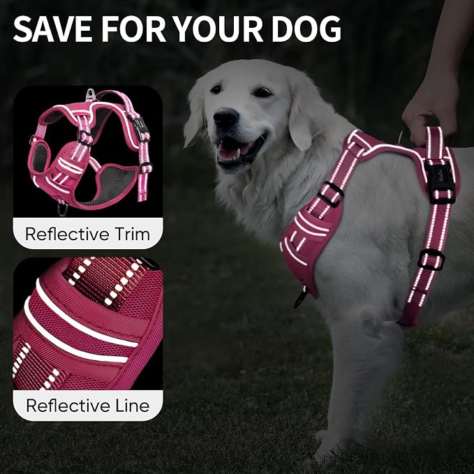 HEELE Dog Harness for Large Dogs No Pull Dog Vest Harness for Large Dog with Soft Padded Handle Reflective for Outdoor Training, Rose(Matching Trim), L | No Choke with Control Handle, Soft Breathable Padded Pet Vest, Adjustable, Reflective Front Clip V... - Image 3