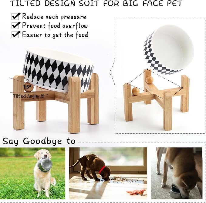 Petygooing Elevated/Raised 15°Slanted Ceramic Dog Bowl for Small and Medium Breeds, Tilted Anti Slip Pet Bowl,Food Water Dish with Stand for Cats and Dogs (28 OZ/3.6 Cups) Black Rhombus - Image 5