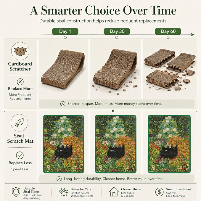 Art Sisal Cat Scratcher Mat, Cat Wall Scratchers for Indoor Cats | Wall Mounted Cat Scratcher, Natural Sisal, No-Drill Hook & Loop Setup, Floor or Wall Use, 23.6 x 15.7 Inch, Flower Garden - Image 4