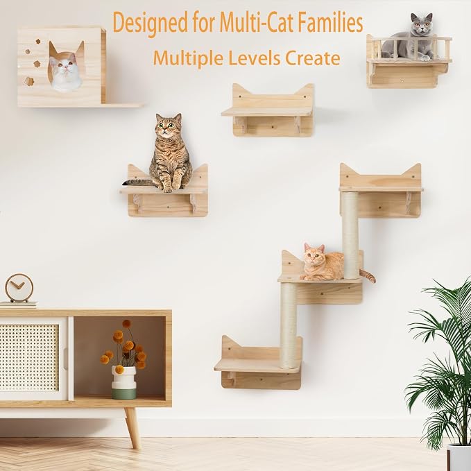 Cat Wall Shelves, 9-Piece Cat Wall Furniture for Large Cats | Solid pine wall mounted cat furniture with cat house, cat climbing shelves, ladder and sisal scratching posts for indoor cats - Image 7
