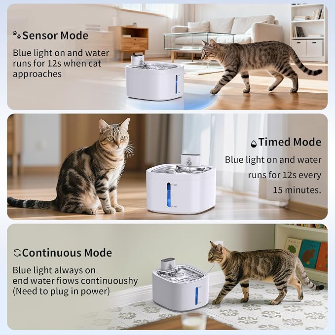 Cat Water Fountain Wireless: 118oz/3.5L Battery Operated Pet Water Fountain for Cats Indoor with Motion Sensor, Quiet Automatic Fountain with Stainless Steel Tray(2Filters) - Image 2