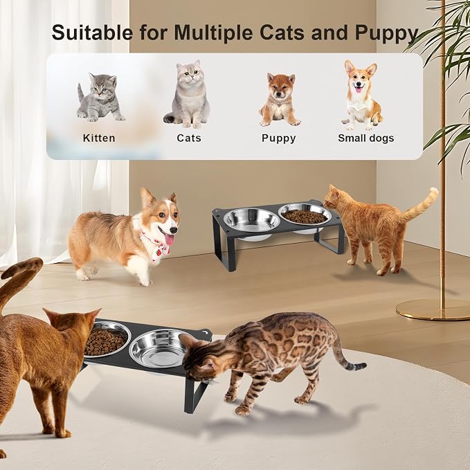 2 Set Elevated Cat Food Water Bowls, 4 Stainless Steel Bowls for Indoor Pet with Cute Metal Stand, 10° Tilted Anti-Vomiting Wide Shallow Raised Cat Dishes Whisker Friendly for Multiple Kitten,Puppy - Image 3
