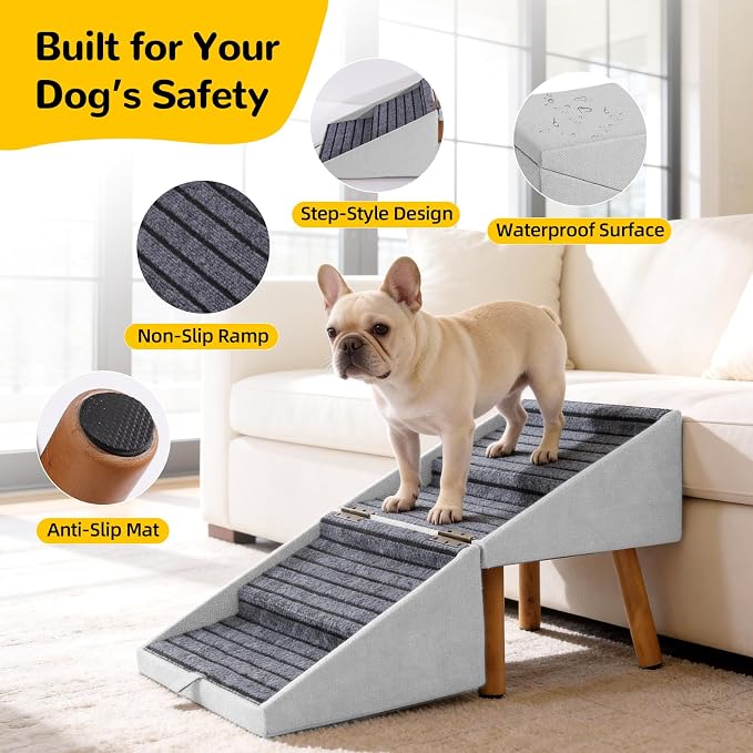 2-in-1 Dog Steps & Ottoman,17.13" H Dog ramp for Couch | Foldable Dog ramp for Small dogs, Non-Slip Wooden Pet ramp for Puppy Senior Injured Dogs (Light Grey) - Image 4