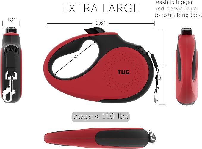 TUG XL Retractable Dog Leash, 26 ft (Extra Large, Red) | 360° Tangle-Free Retraction, 26 ft Tape, Quick Thumb Lock, Anti-Slip Handle, For Dogs Under 110 lbs - Image 3