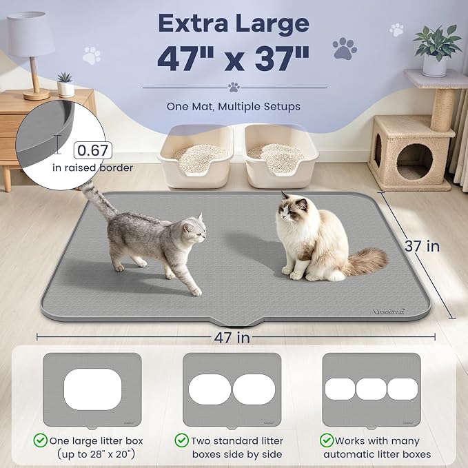 Cat Litter Mat, XL 47 x 37 in Extra Large Silicone Litter Box Mat | Gray, Silicone rubber, Water-resistant, Easy pour-out front notch, Raised lip, Grippy backing, Rinses clean - Image 5