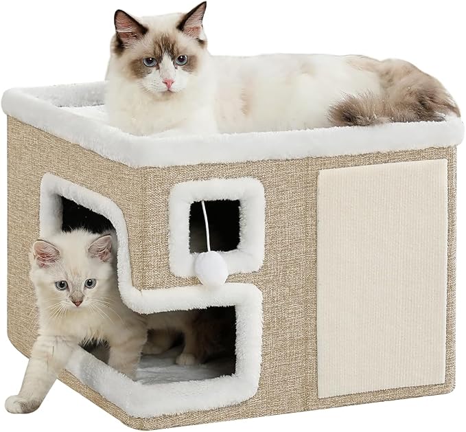 Cat Houses for Indoor Cats, Covered Cat Cave Bed with Scratch Pad and Fluffy Ball, Foldable Cat Hideaway Condo for Large Cats, Modern Kitten Bed,16.5x16.5x13 inches (Khaki‌, L) by Unknown