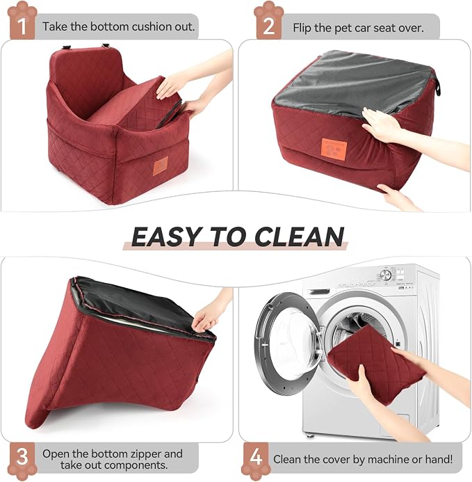 GL GLENSLAVE Dog Car Seat for Small/Medium Dogs&Cats,Thick Booster Car Seat | Dog Car Bed for Pet Under 35lbs, Detachable Washable Pet Car Seat with Storage Pockets, 2 Safety Belts(Red) - Image 7