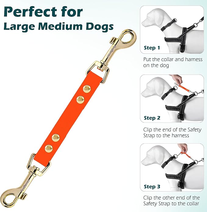 PetBonus Dog Collar Safety Clip, Waterproof Backup Safety Strap | Prong Collar to Harness Connector, Escape Proof, Odor Proof, Easy to Clean, Double Ended Clasp for Training Walking, Orange - Image 6