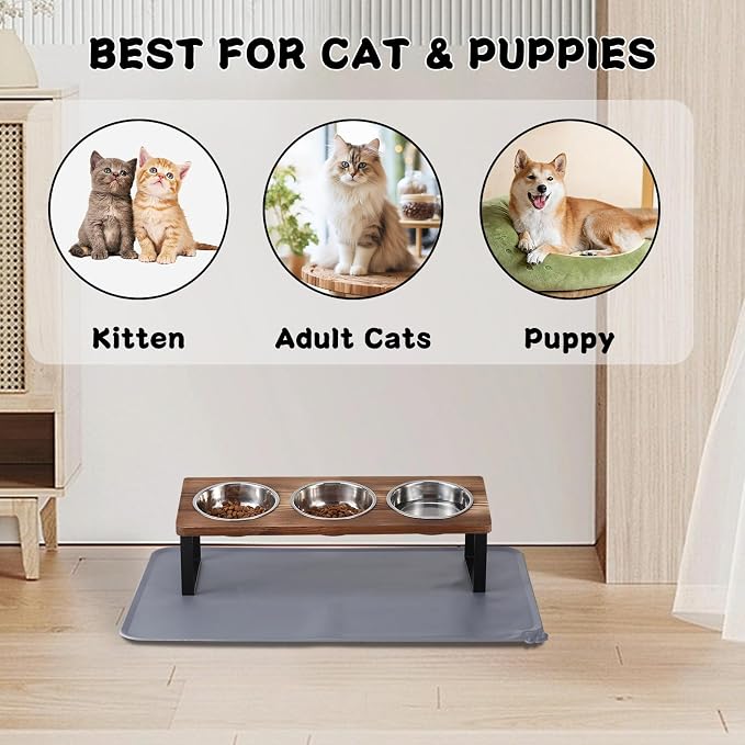 Summark Upgraded Elevated Cat Bowls with Food Mat,15°Tilted Stand Anti Vomiting Raised Cat Dishes for Food and Water,3 Stainless Steel Bowls for Cats and Puppy（Rustic Brown） - Image 6