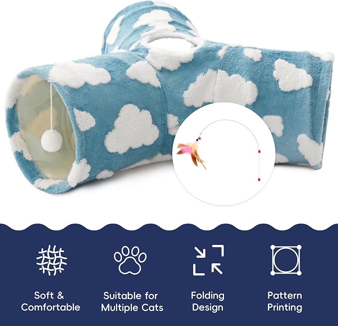 Tempcore Flannel Cat Tunnel for Indoor Cats, 3 Way Collapsible Pet Play Tunnel with Teaser Wand, Peek Holes & Hanging Ball, Interactive Tube for Kittens & Rabbits, Blue Cloud - Image 7