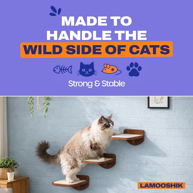 Cat Wall Shelves, Walnut Floating Cat Steps Set of 3 - Image 2