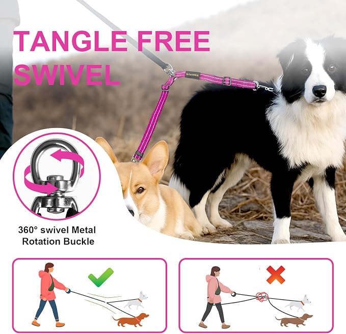 MingXpet Double Dog Leash for Two Dogs, No Pull Dog Leash, 360° Swivel No Tangle for Medium Dogs Walking & Training, Shock Absorbing Reflective Bungee, Rose - Image 4