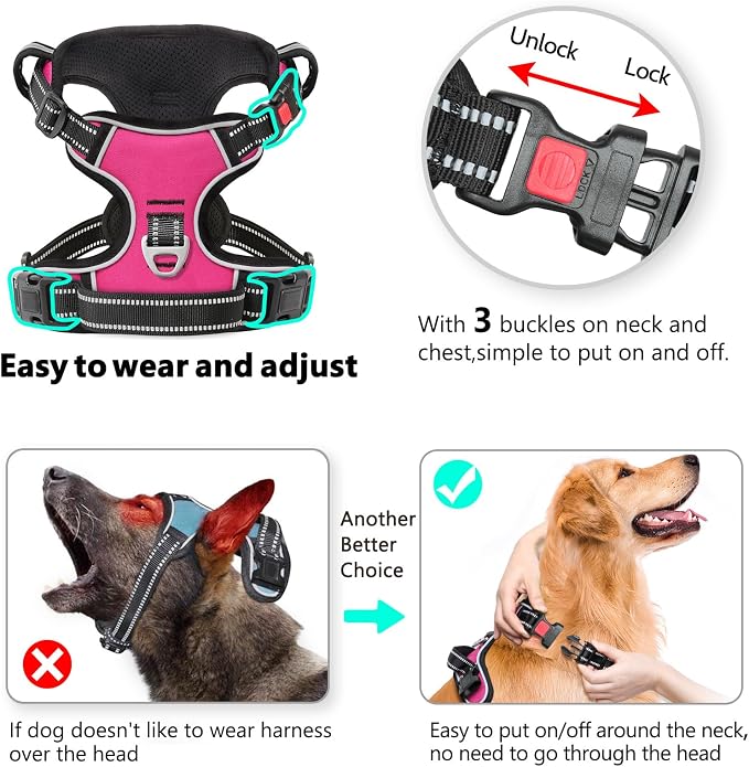 Timos Dog Harness, Front Clip No Pull Medium Sized with Handle, Rosy, M | No Choke, Adjustable Reflective Soft Padded, Quick Release 3 Buckles, Easy On & Off, Front & Back 2 Clips for Outdoor Walking - Image 3