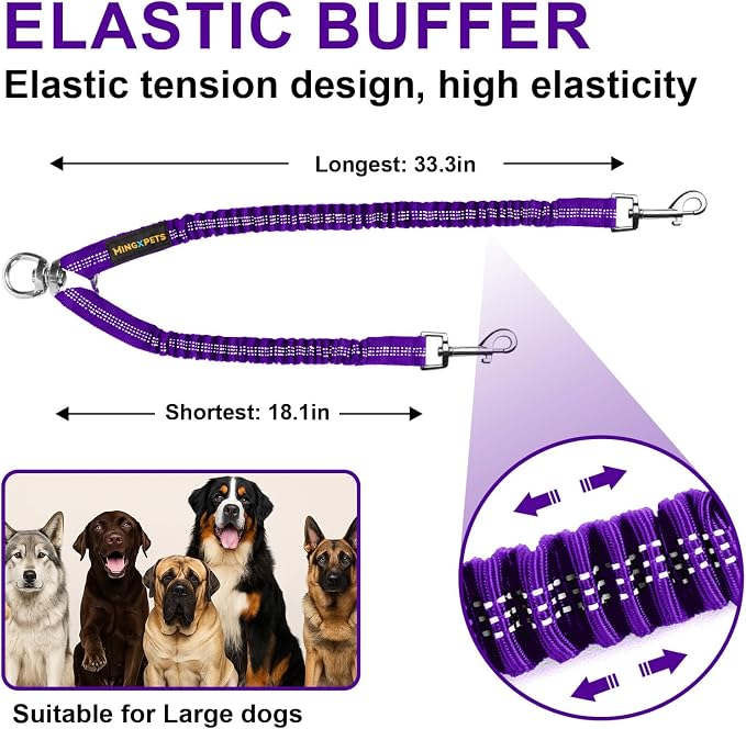 MingXpet 2 Dog Leash, Dog Leash for 2 Dogs, 360° Swivel No Tangle Double Walking Training Leashes for Large Dogs that Pull, Comfortable Shock Absorbing Reflective Bungee, Purple - Image 2