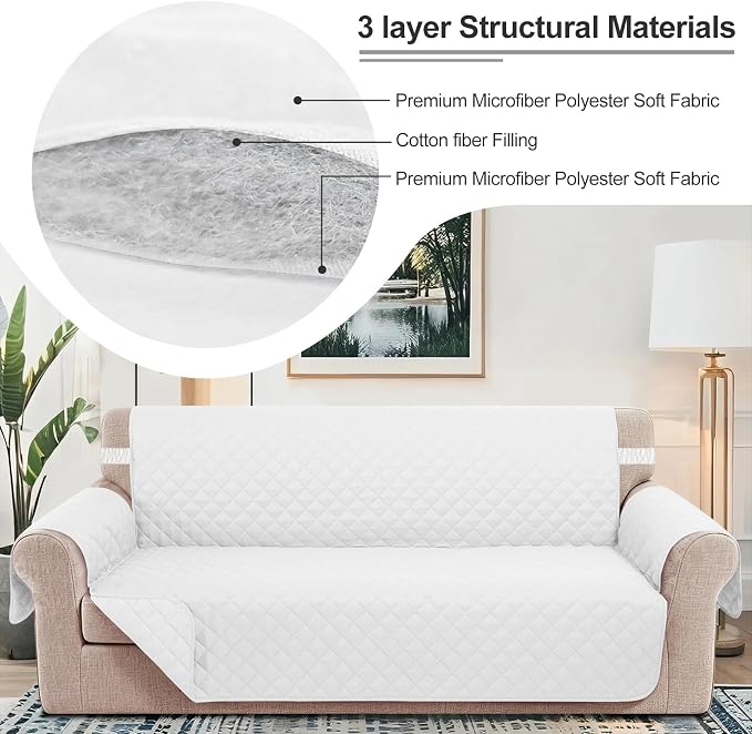 Reversible 4 Seater Sofa Cover 91 Inch Large Couch Cover Furniture Protector(Sofa XX-Large,White/White | Couch Cover Furniture Protector with Foam Sticks Elastic Straps Furniture Protector for Pets Children Dog Cat - Image 3