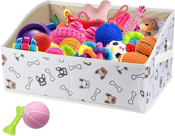 Geyecete Foldable Dog Toy Organizer Boxes - Cloth+Cardboard Trapezoid Storage Box with Handle, Basket for Toys (Beige Dog Head Print) by Geyecete