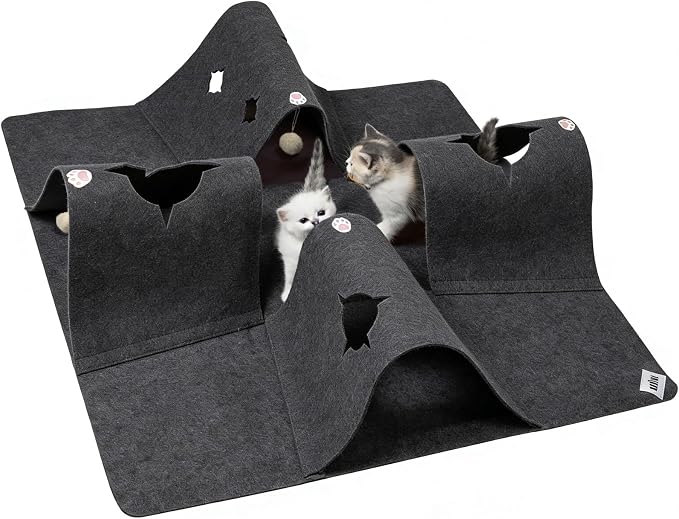 35.4" Cat Tunnels for Indoor Cats, Multi-Entrance Cat Toys, Grey | 4 Way Felt Interactive Pet Toy with Hidden Ball, Enrichment Activity Rug, Collapsible Cave for Kittens & Small Pets by Home