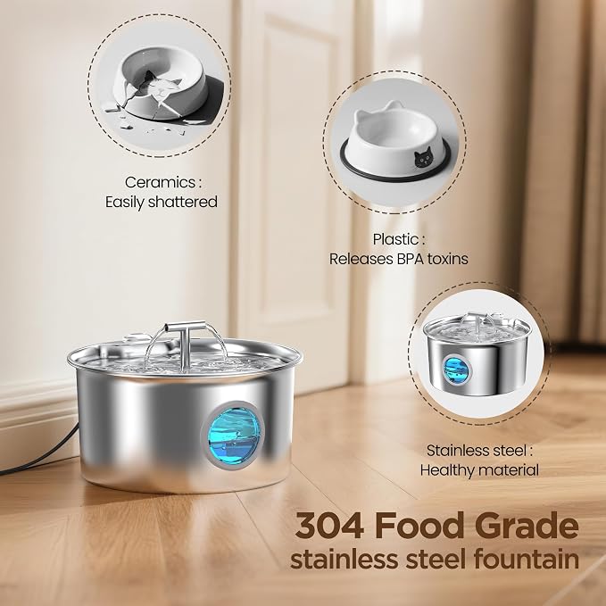 Cat Water Fountain Stainless Steel: 2.6L Cat Fountain for Drinking - Pet Water Fountain for Cats Indoor - Automatic Pet Water Dispenser Bowl - Best Auto Feeding Supplies Gift for Small Dog Large Kitty - Image 2