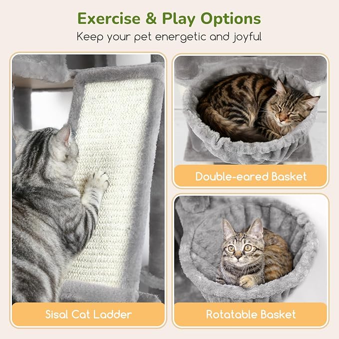 Globlazer 80in Extra Large Tall Corner Cat Tree Tower, S80G, Light Grey | Multi-Level Cat Condo for Multiple Indoor Cats Large Adult Kittens, Scratching Posts, Widened Perches, Adjustable Baskets - Image 4